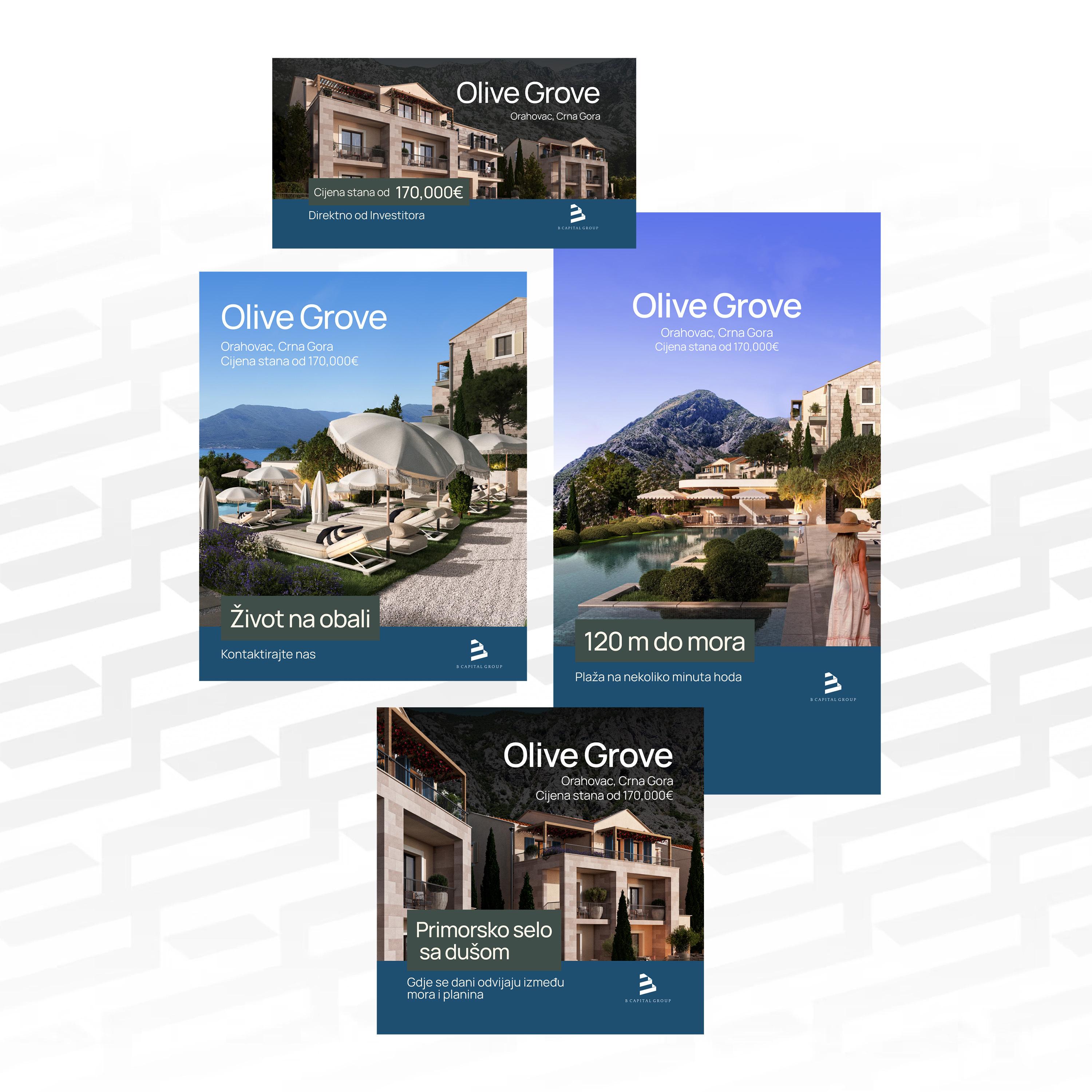 Four B Capital Group 'Olive Grove' Meta ad creative mockups advertising a beachfront residential development in Orahovac, Montenegro.