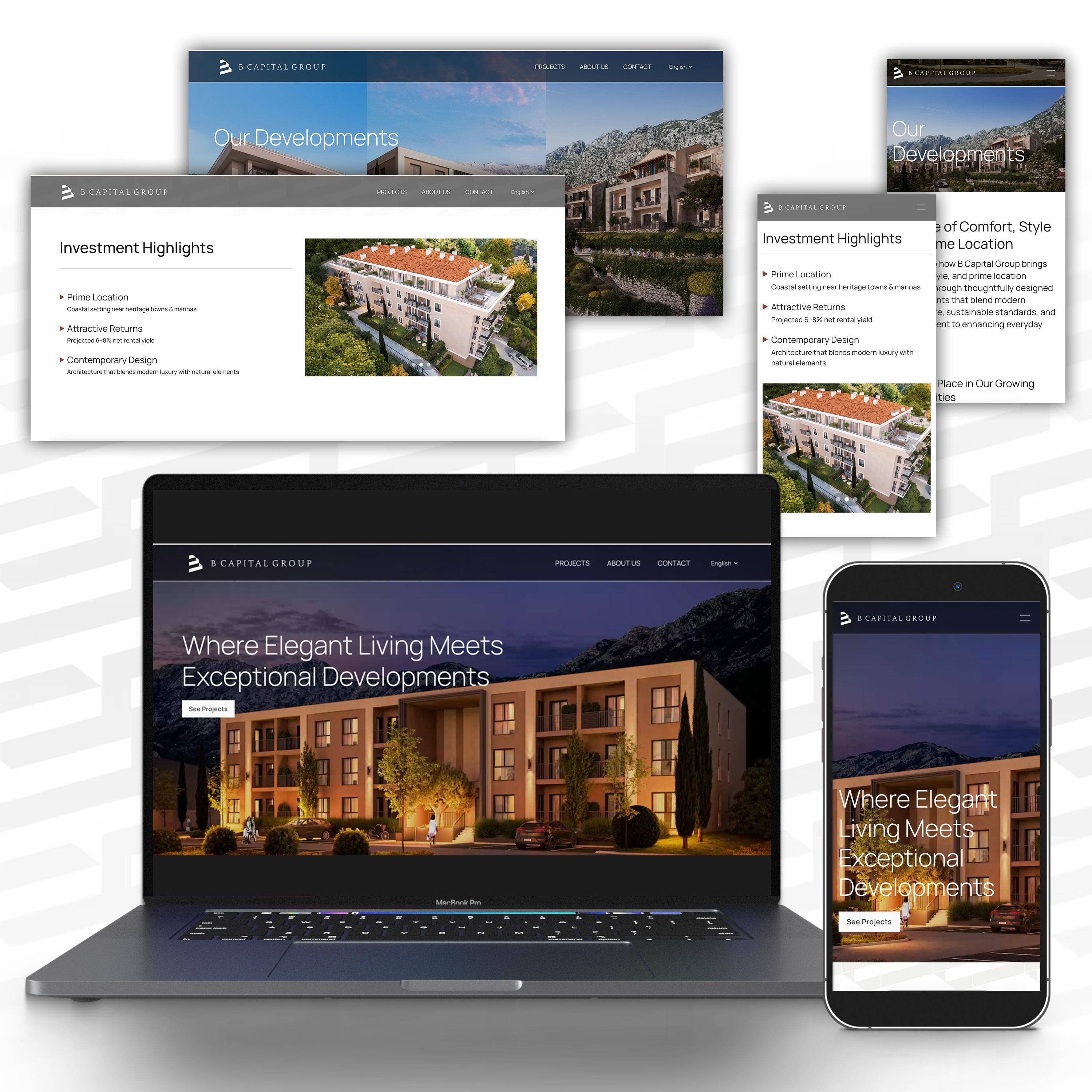 Laptop, tablet, and phone mockups of the B Capital Group homepage reading 'Where Elegant Living Meets Exceptional Developments.'