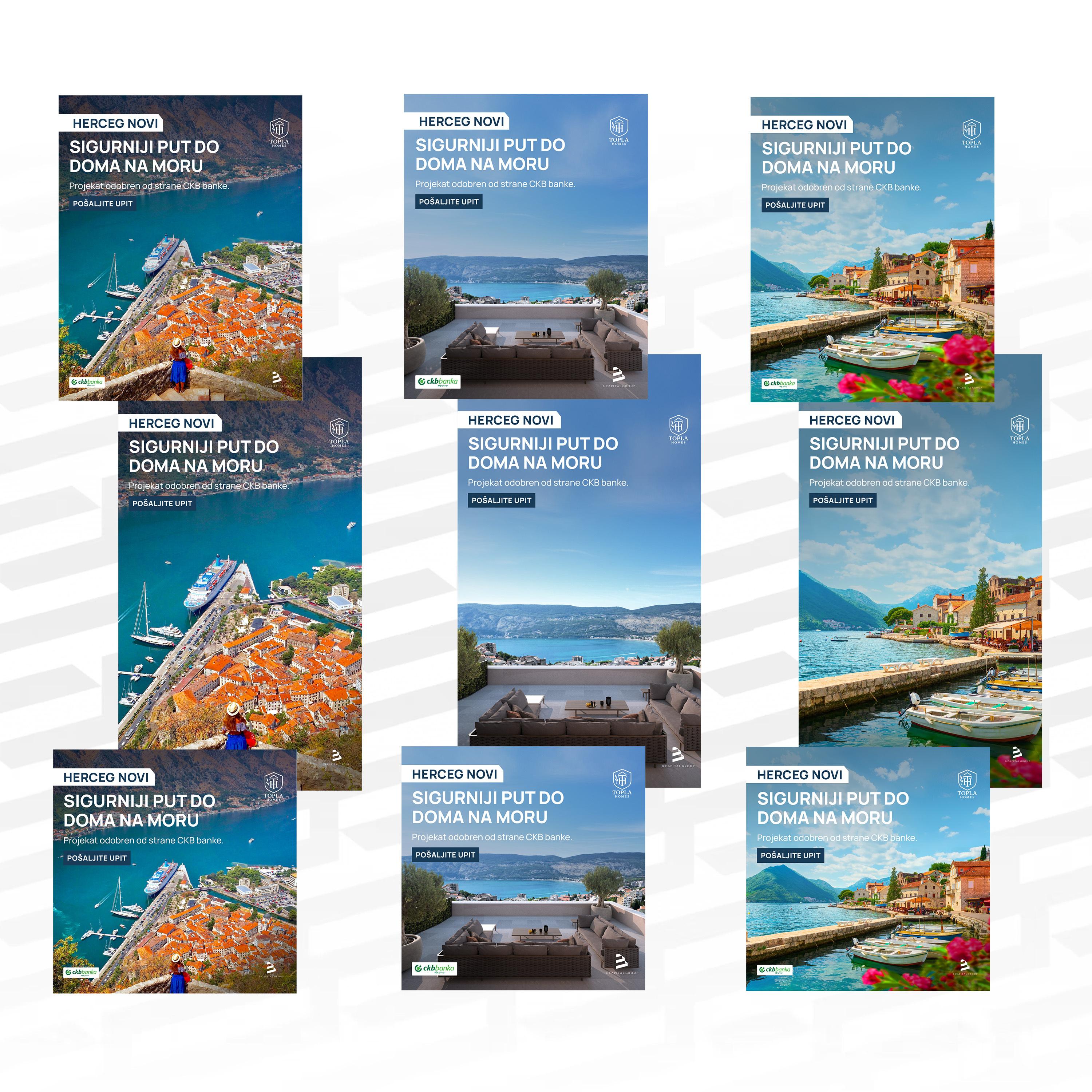 Grid of nine B Capital Group 'Herceg Novi' Meta ad creatives featuring coastal property photography and Montenegrin ad copy.