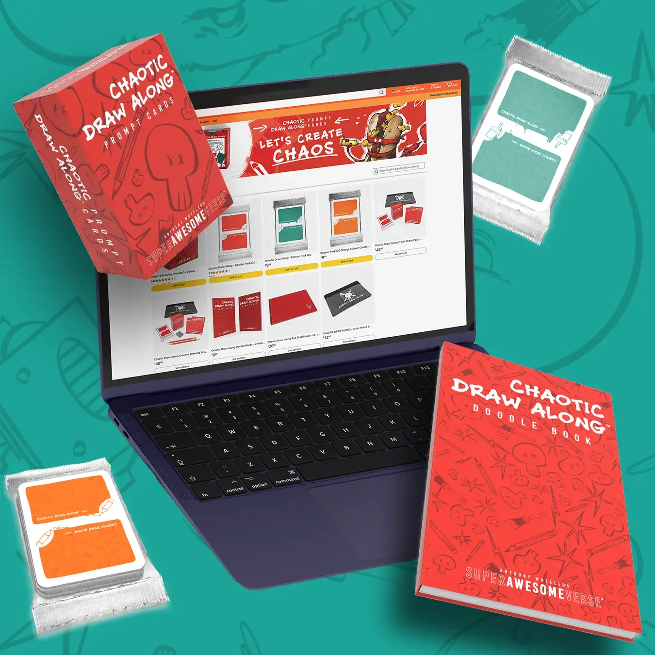 Chaotic Draw Along branded packaging — a prompt card box and doodle book — beside a laptop showing the Amazon storefront homepage banner 'Let's Create Chaos.'