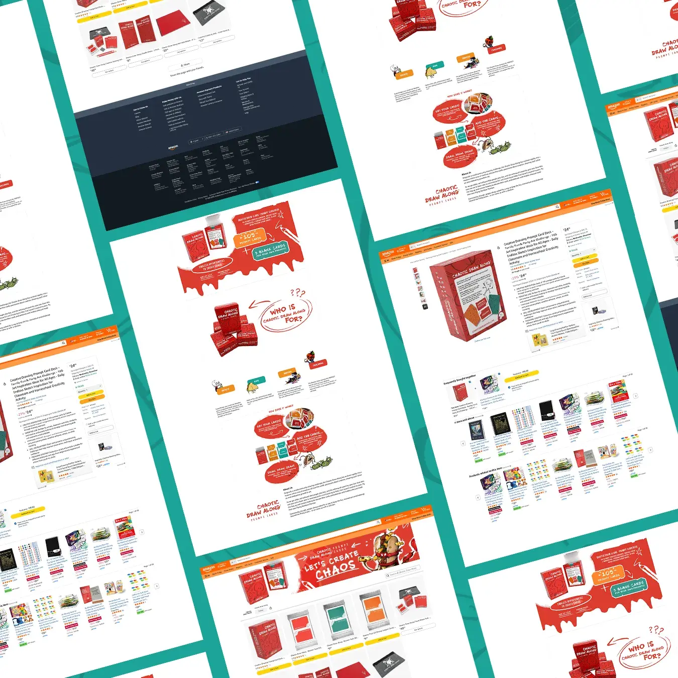 Collage of Chaotic Draw Along Amazon product listing and storefront pages, including the 'Who is it for' audience graphic.