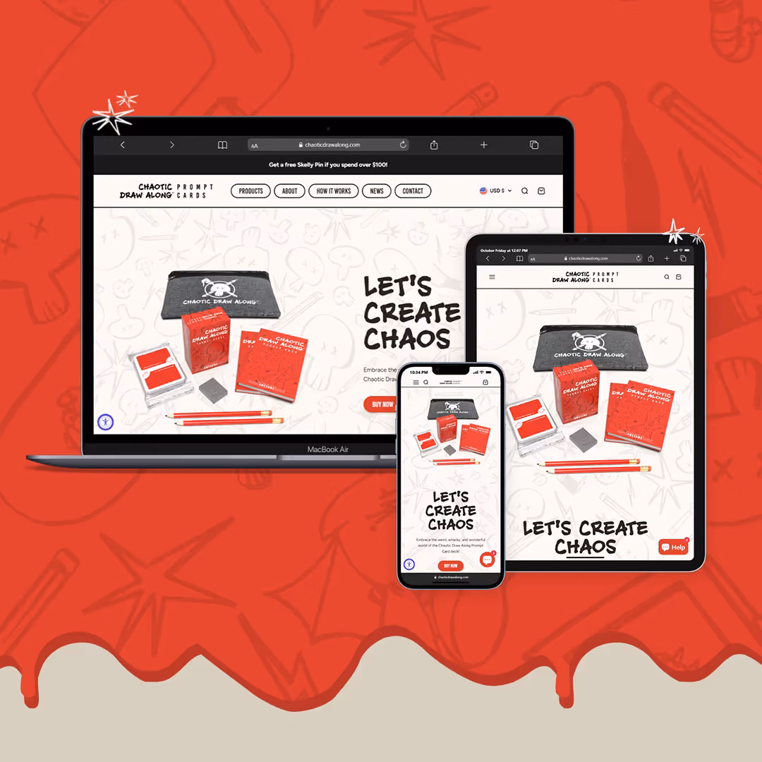 Laptop, tablet, and phone mockups of the Chaotic Draw Along homepage hero reading 'Let's Create Chaos' on a red illustrated background.