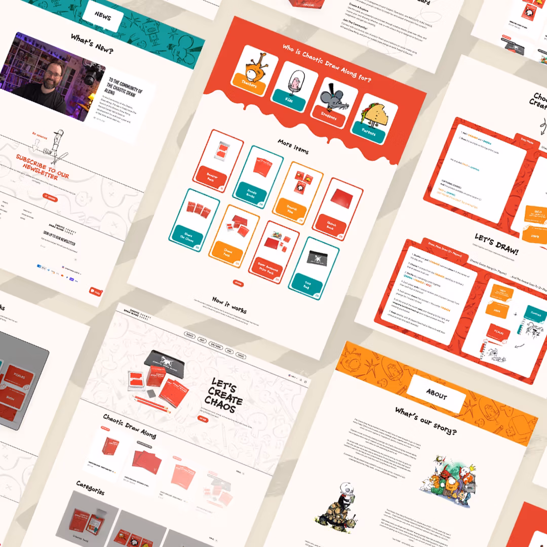 Grid of Chaotic Draw Along website pages, including the 'Who is it for' audience cards, product grid, and blog/about sections.