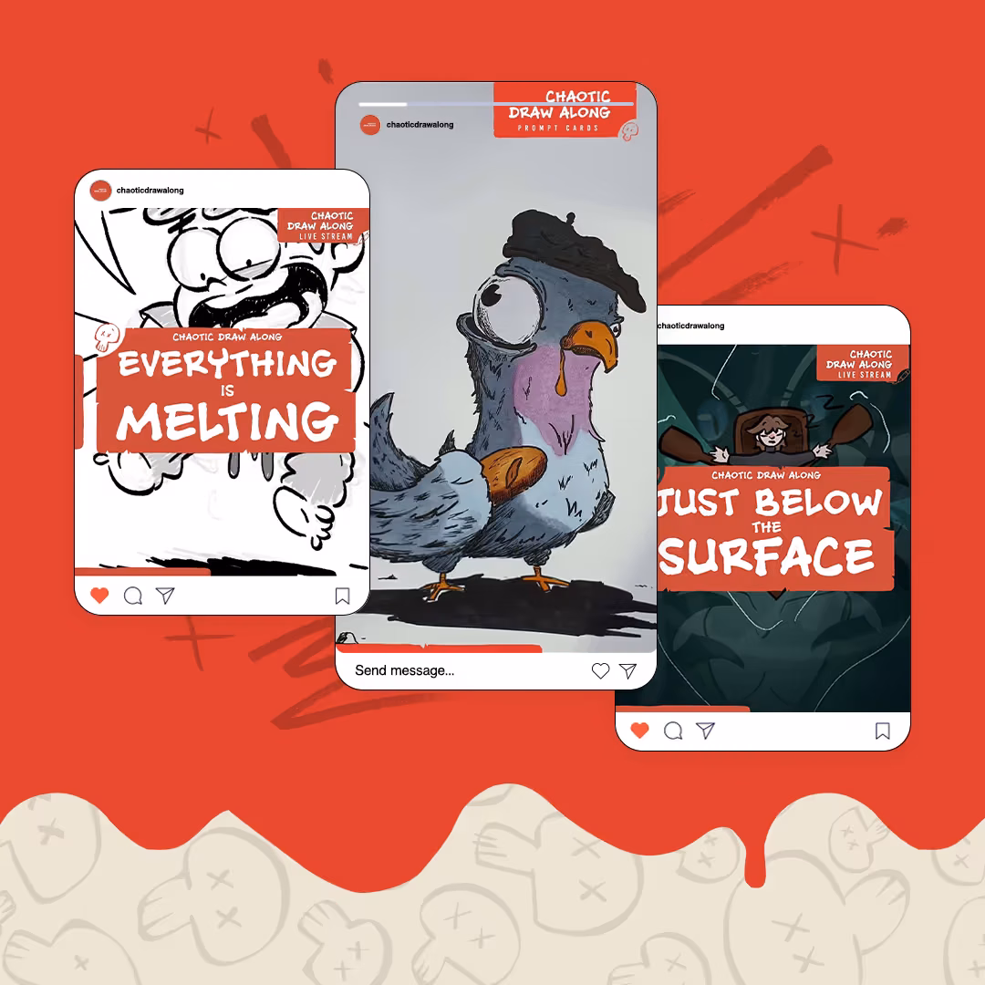 Three Instagram post mockups from Chaotic Draw Along's social content, featuring illustrated character artwork and bold captions like 'Everything Is Melting.'