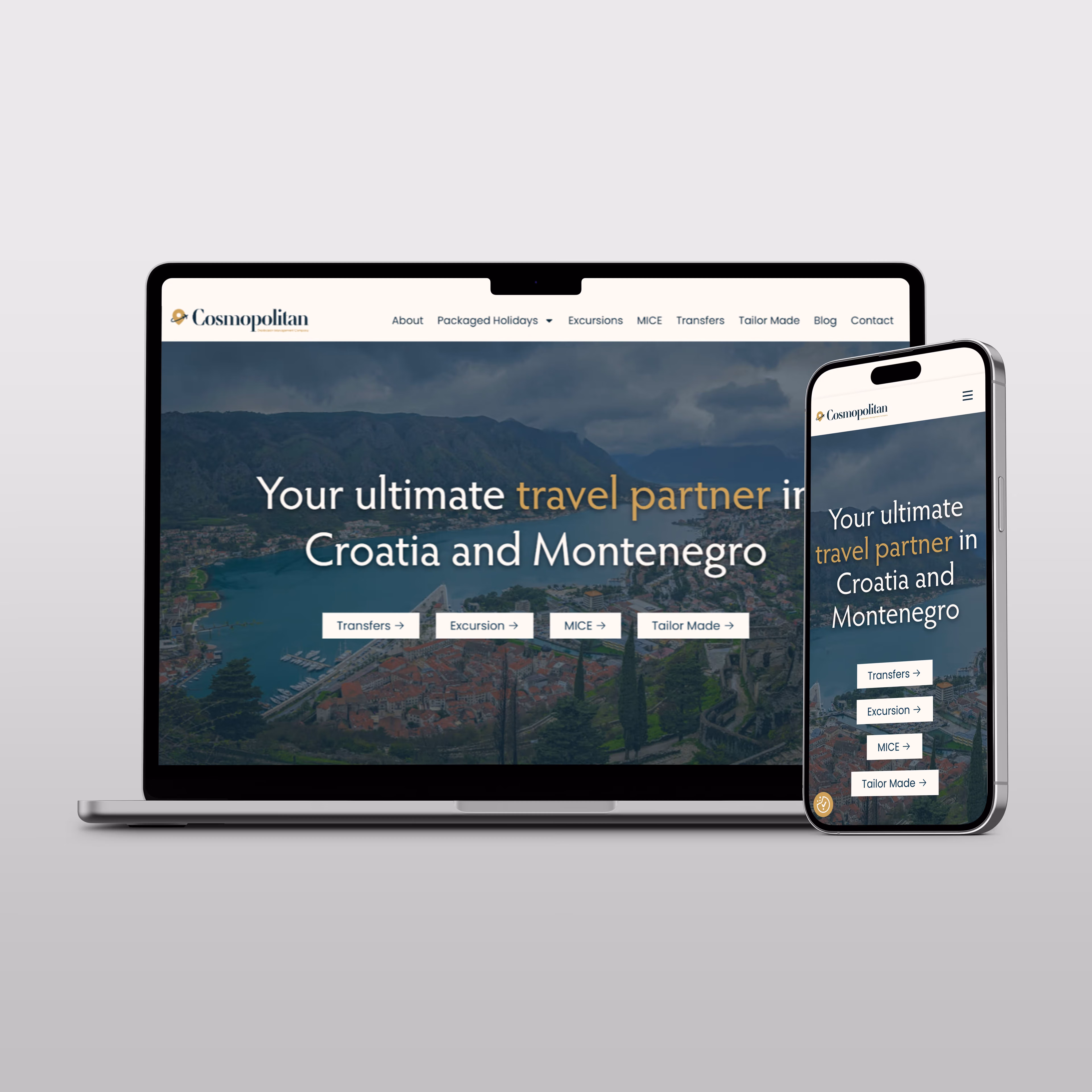 Laptop and phone mockups of the Cosmopolitan DMC homepage, featuring a coastal Adriatic hero photo and the tagline 'Your ultimate travel partner.'