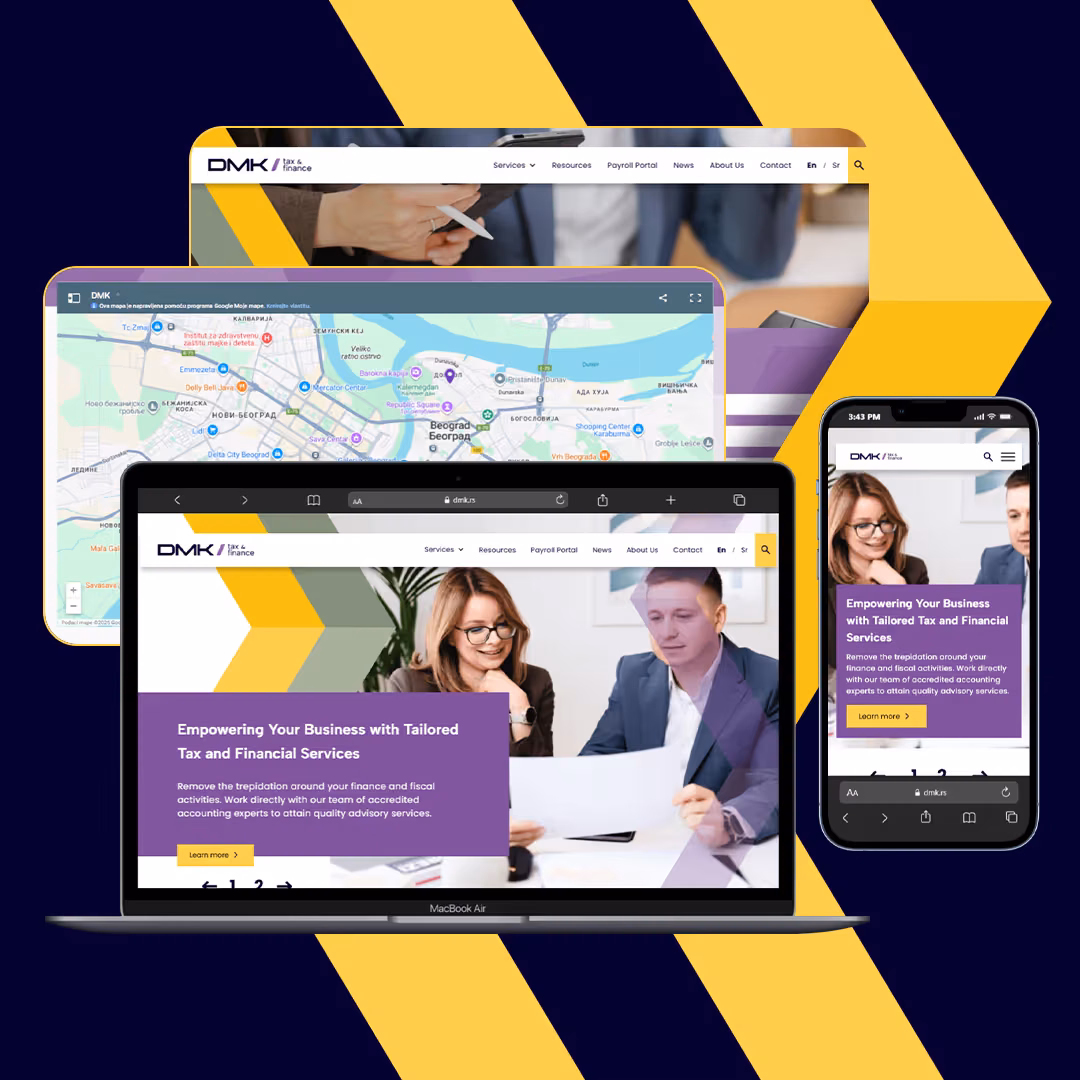 Laptop, tablet, and phone mockups of the DMK Tax & Finance homepage and interactive office map, on a navy and yellow diagonal-striped background.