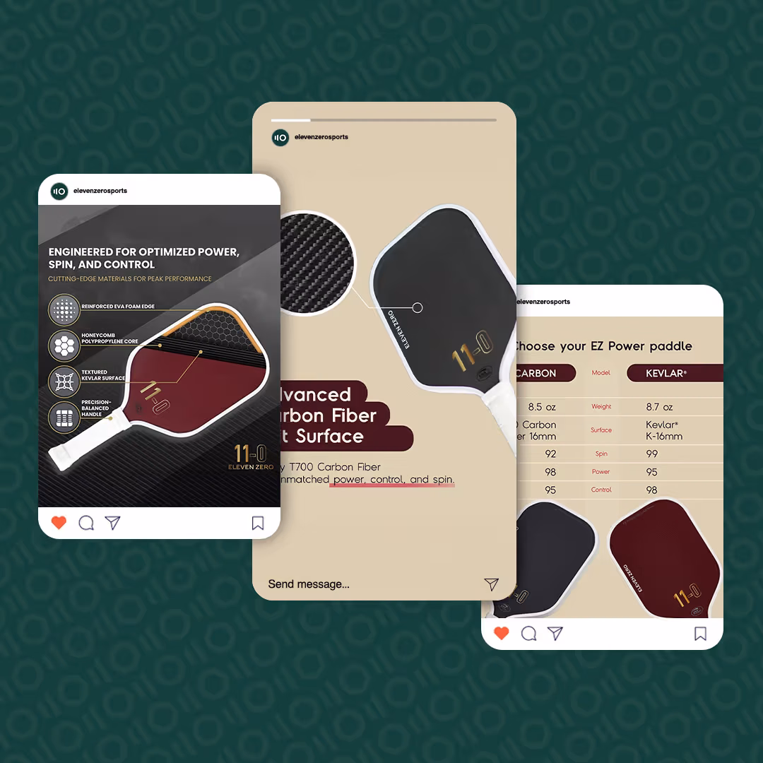 Three Instagram post mockups showcasing Eleven Zero pickleball paddle features, including carbon fiber construction details.