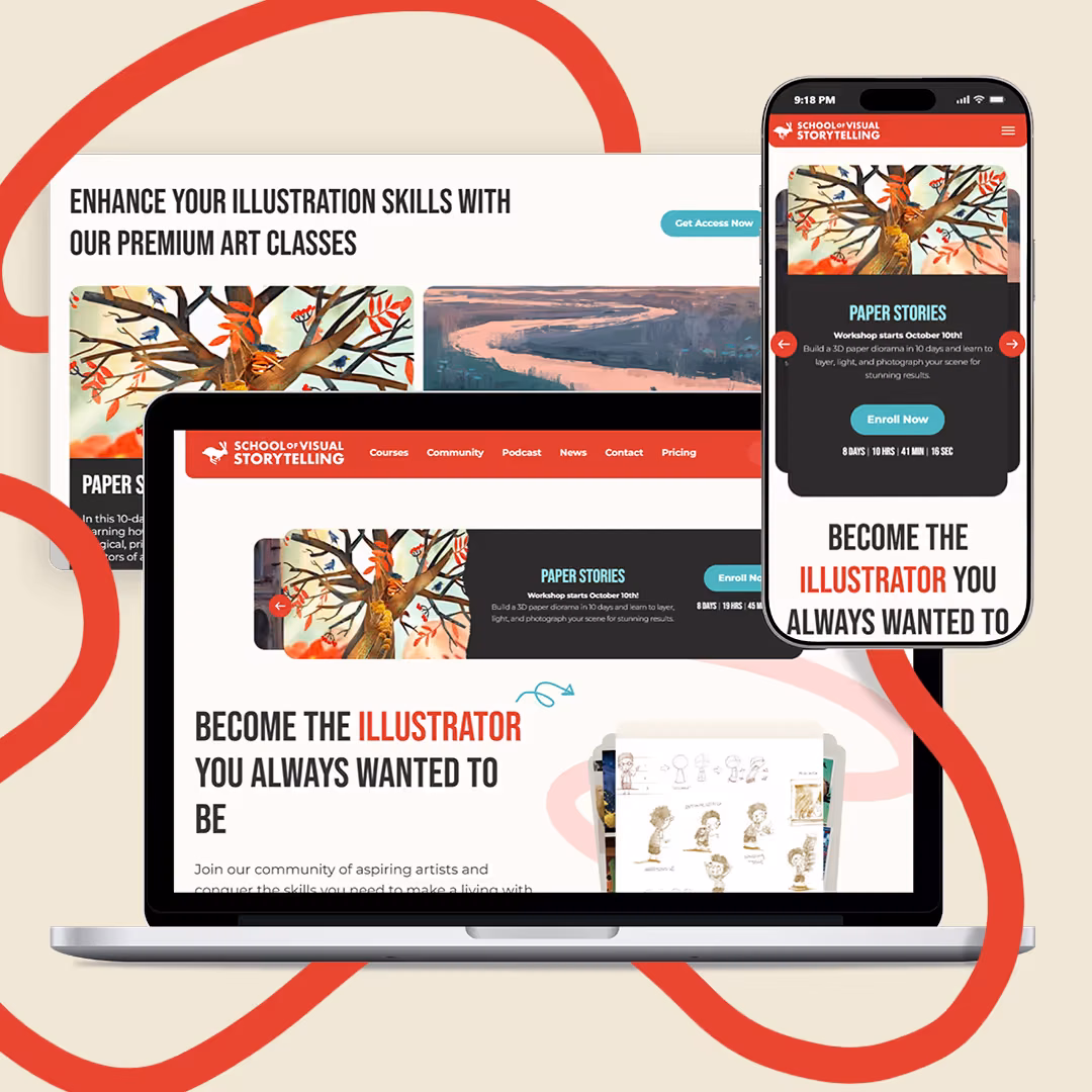 Laptop and phone mockups of the School of Visual Storytelling homepage, featuring the 'Become the Illustrator You Always Wanted to Be' hero section.