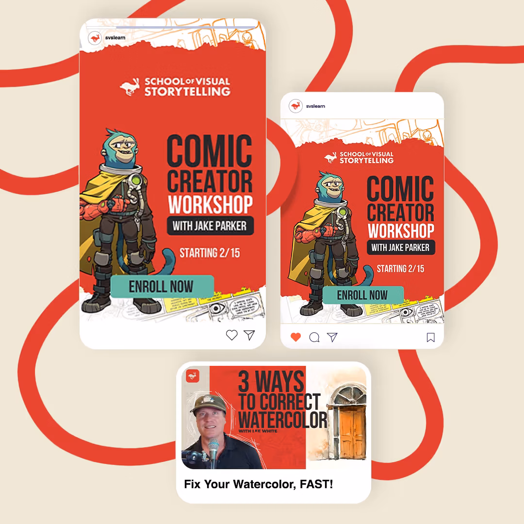 Instagram post mockups for a School of Visual Storytelling 'Comic Creator Workshop,' featuring an illustrated robot-suit character.