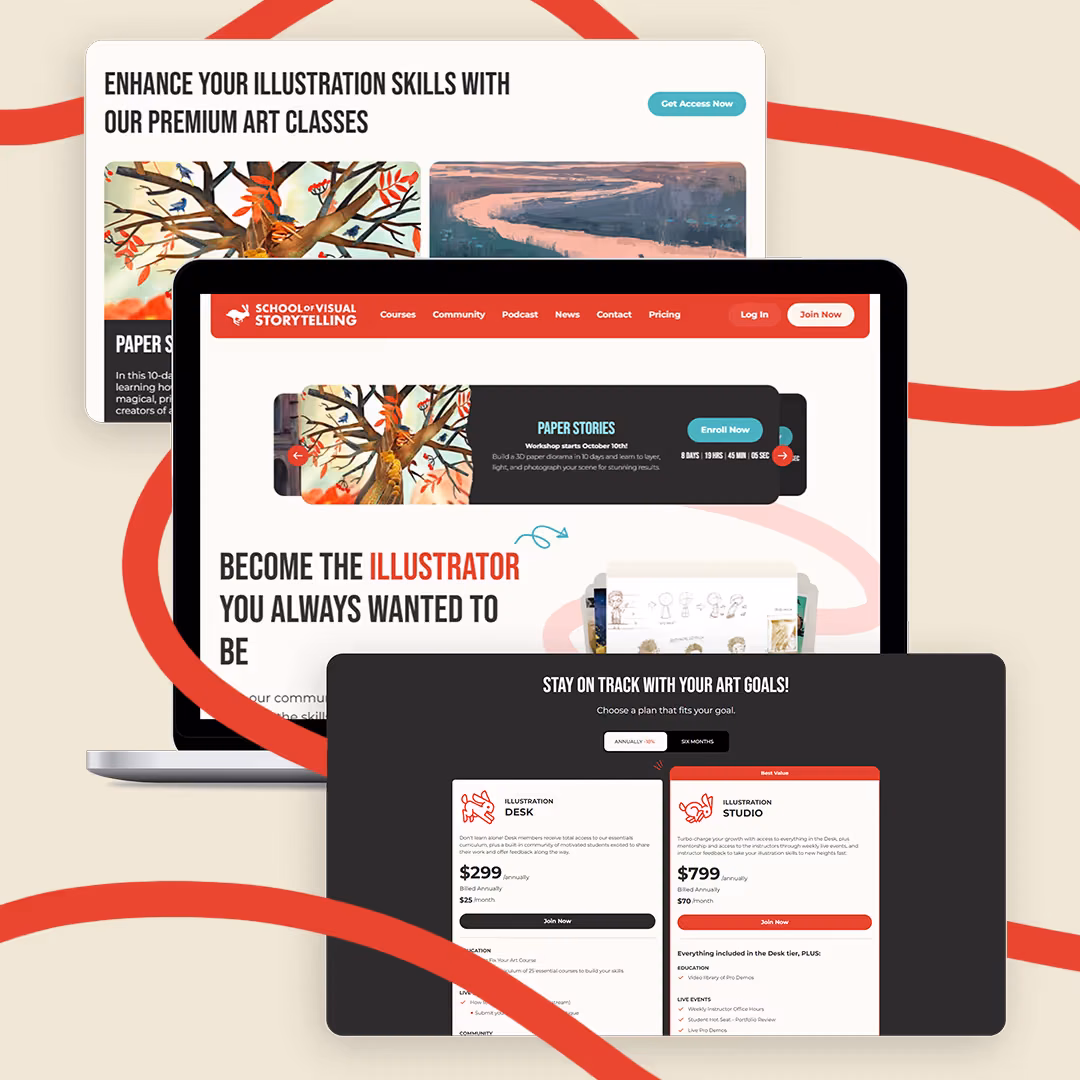 School of Visual Storytelling homepage and pricing page mockups on laptop, showing course tiers 'Illustration Desk' and 'Illustration Studio.'