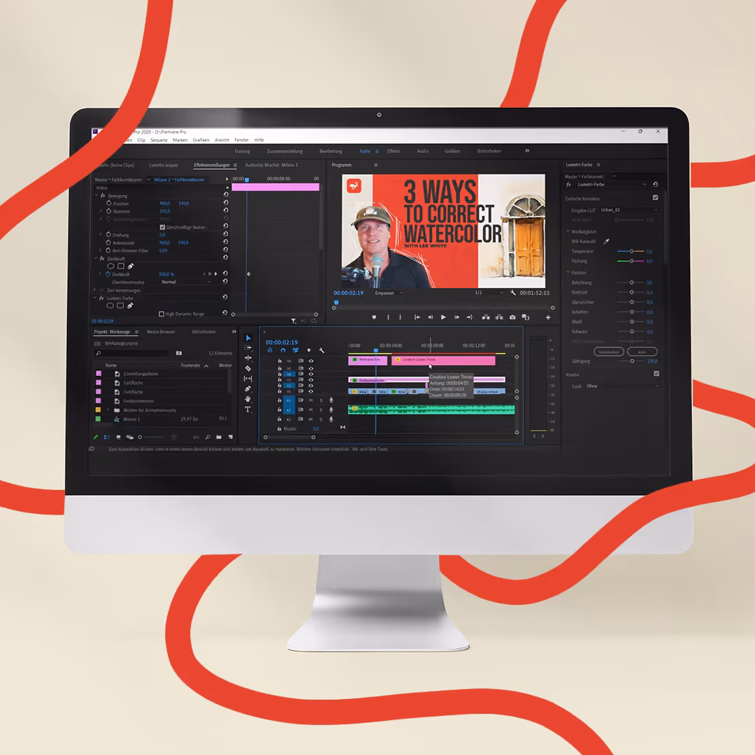 Desktop video editing software showing a 'Three Ways to Correct Watercolor' tutorial being edited in Adobe Premiere Pro.