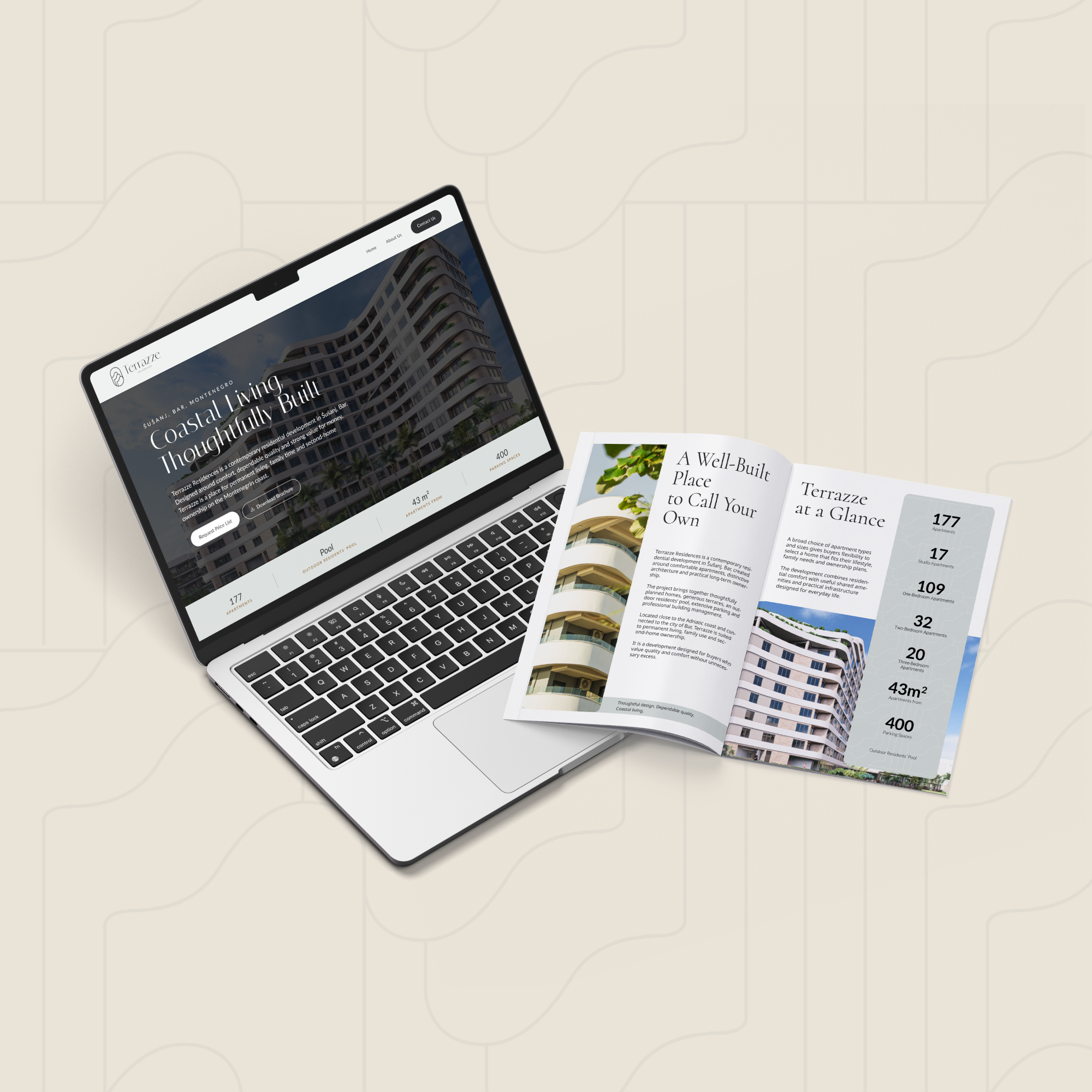 Laptop and open brochure mockup showing the Terrazze Residences 'Life Between the Coast and the City' location page alongside printed project statistics.