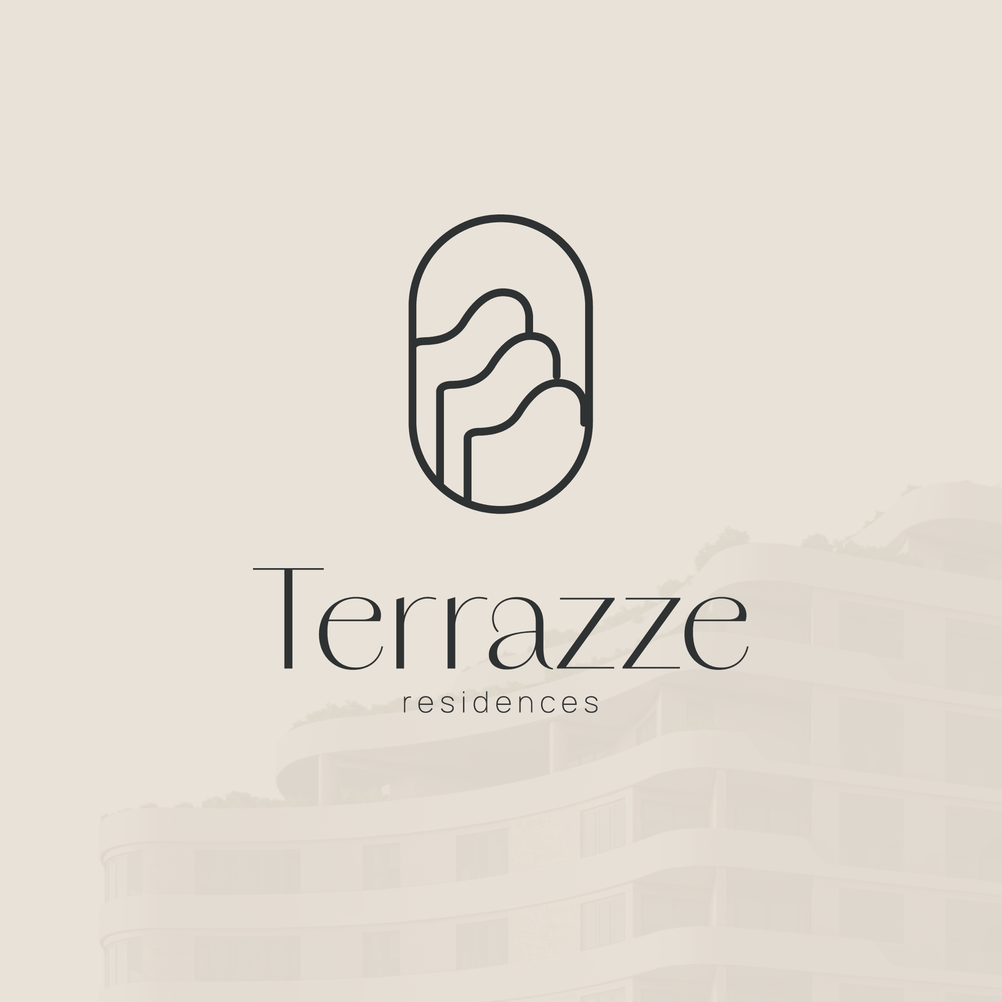 Terrazze Residences logo lockup — an abstract terraced-balcony icon above the wordmark 'Terrazze residences' — on a warm neutral background with a faint building silhouette.