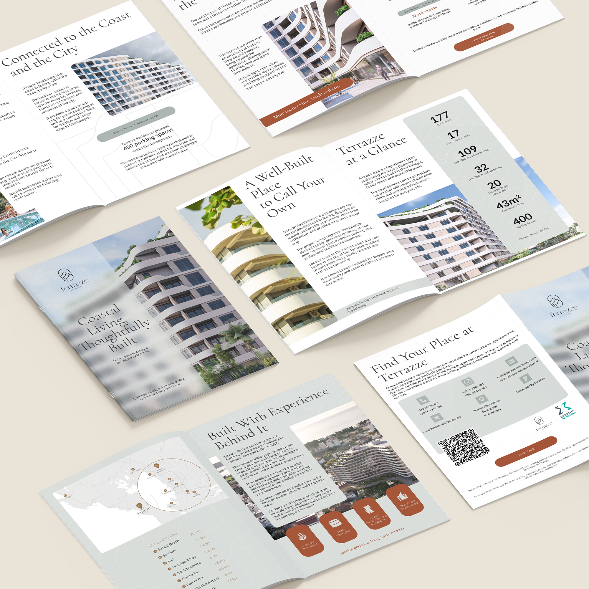 Spread of Terrazze Residences brochure pages, including the cover, floor plans, project statistics and a contact page with a QR code and the Euromix logo.
