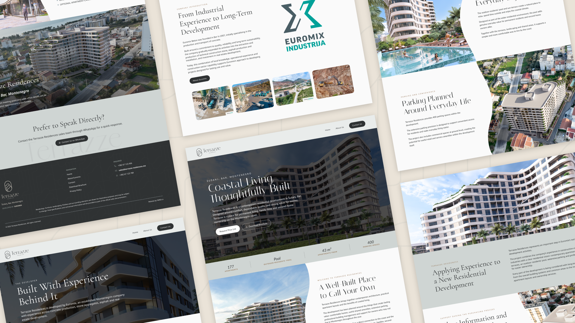 Collage of Terrazze Residences website and marketing pages, including aerial shots of the Bar, Montenegro coastline, the Euromix developer credentials section, and building renders.